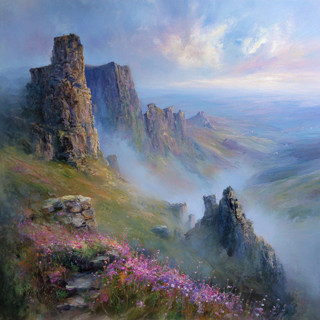 Felsformationen Im Morgennebel Mit Bunten Wildblumen | Himmel und Wolken | Natur