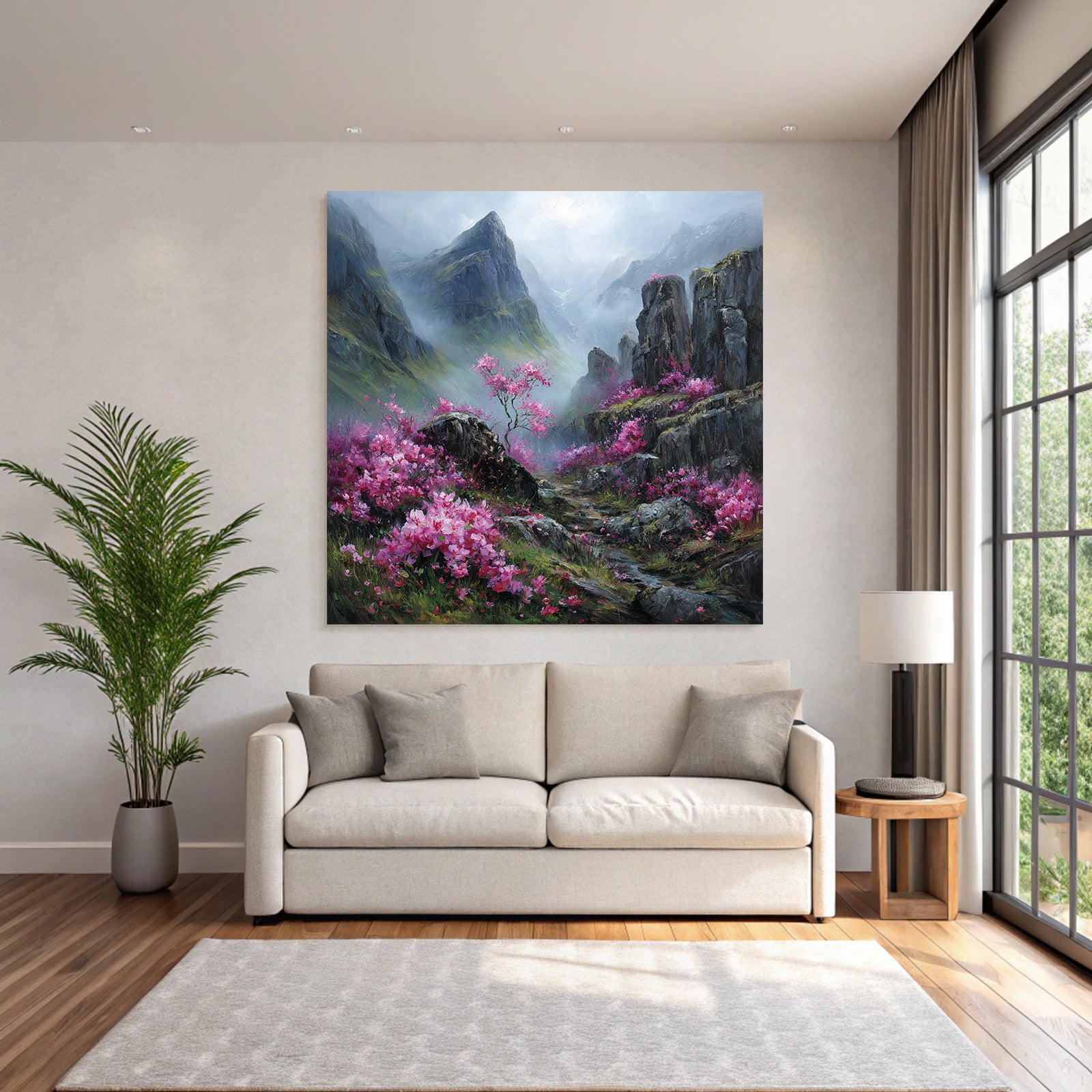 Gebirgslandschaft Mit Rosaroten Blüten Im Nebel