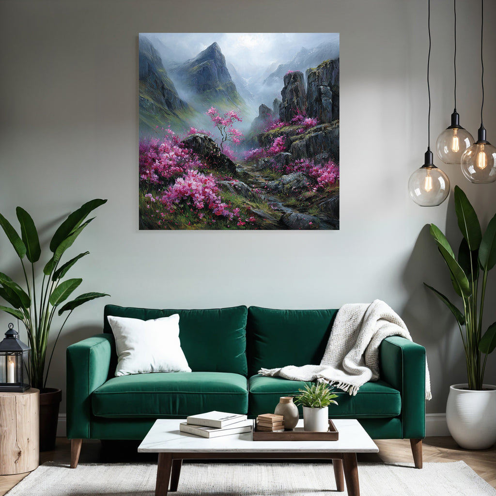 Gebirgslandschaft Mit Rosaroten Blüten Im Nebel