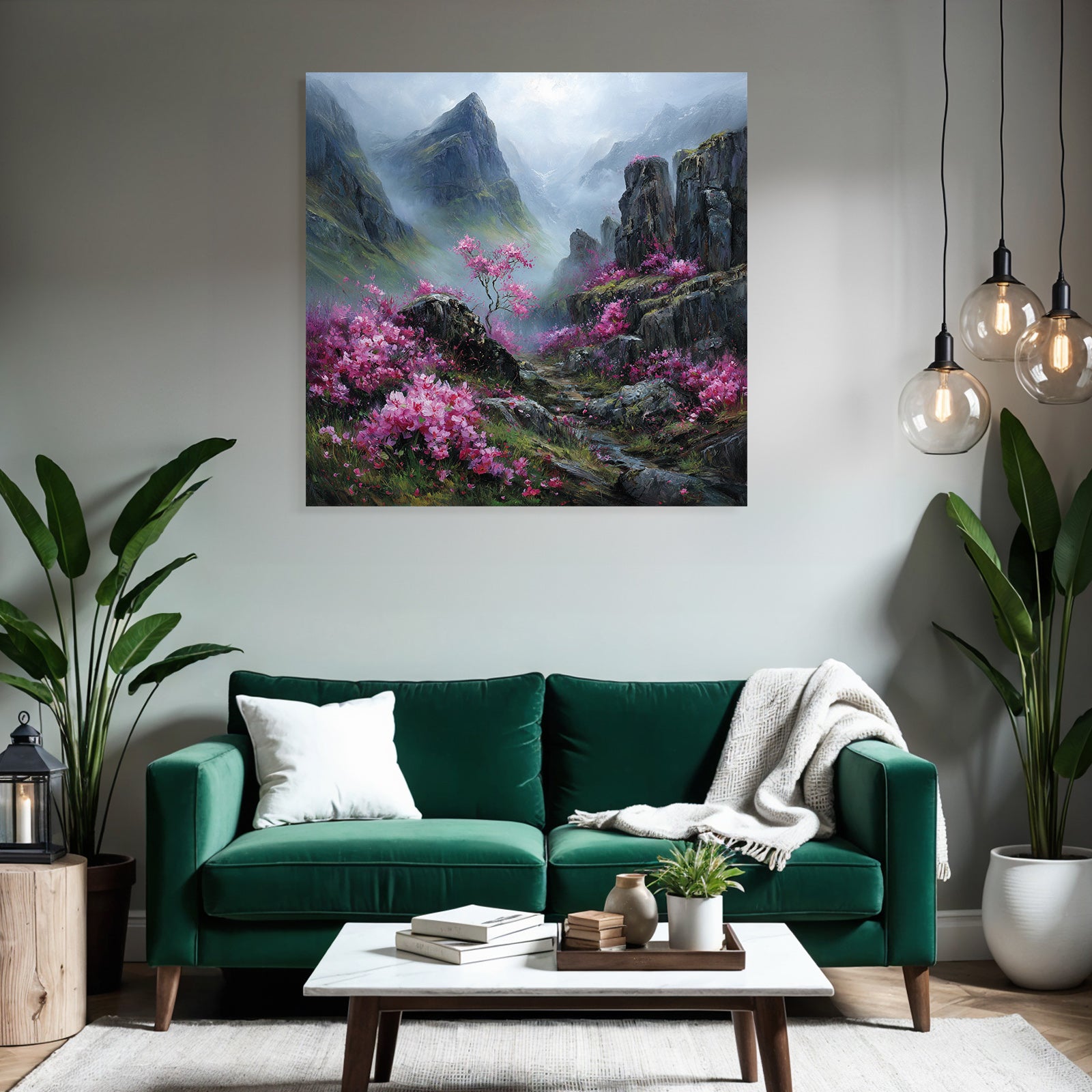 Gebirgslandschaft Mit Rosaroten Blüten Im Nebel