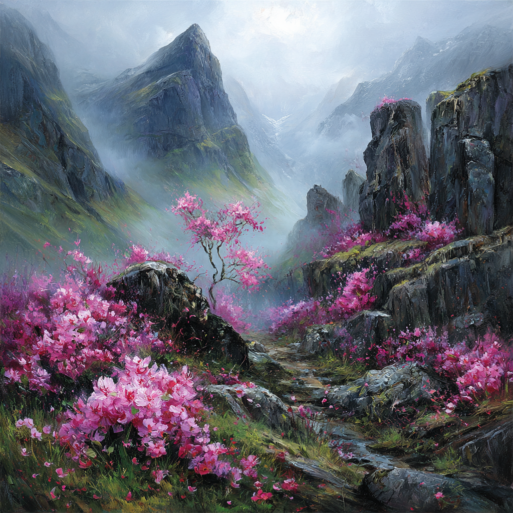 Gebirgslandschaft Mit Rosaroten Blüten Im Nebel | Himmel und Wolken | Natur