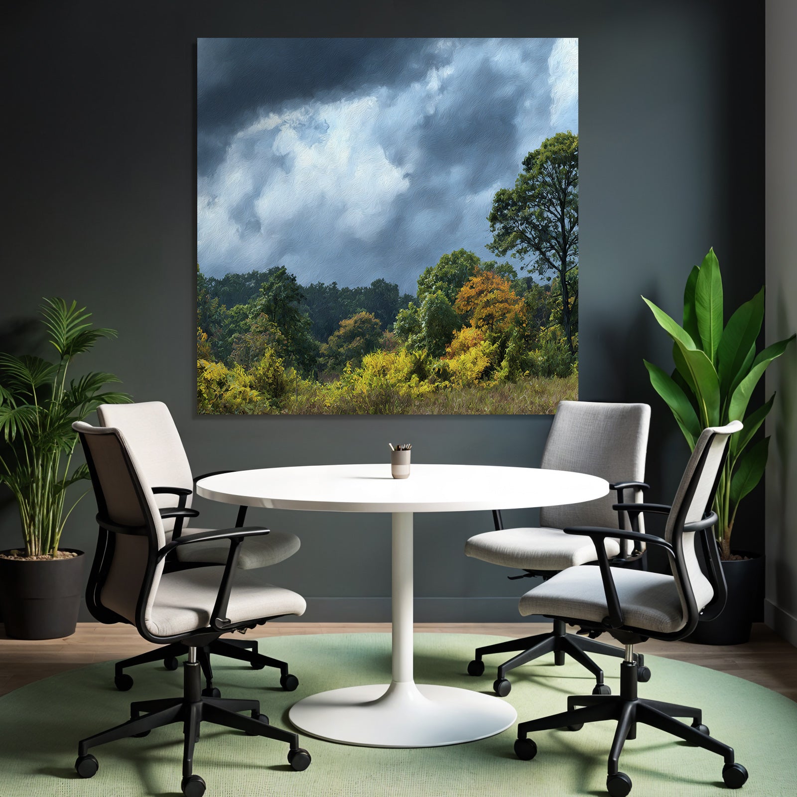Herbstlandschaft Mit Bunten Bäumen Und Dramatischem Himmel