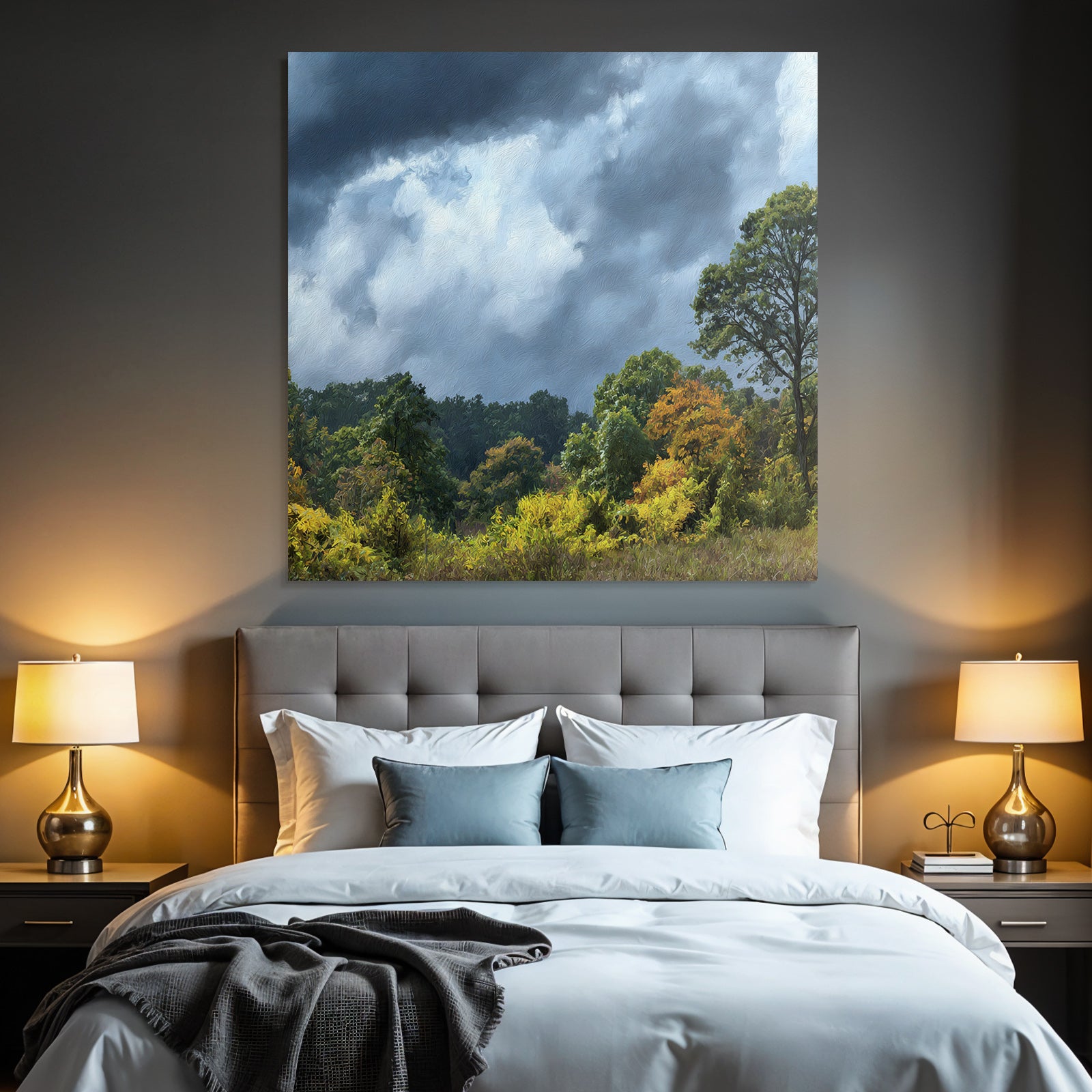 Herbstlandschaft Mit Bunten Bäumen Und Dramatischem Himmel