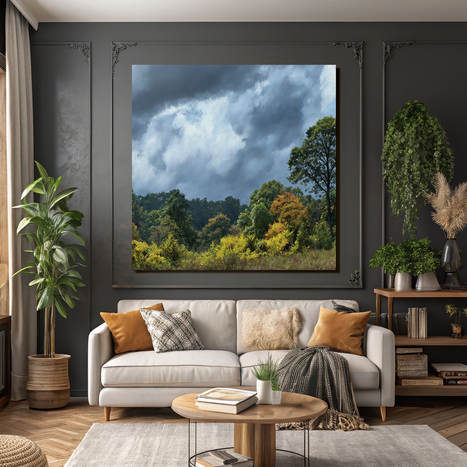 Herbstlandschaft Mit Bunten Bäumen Und Dramatischem Himmel