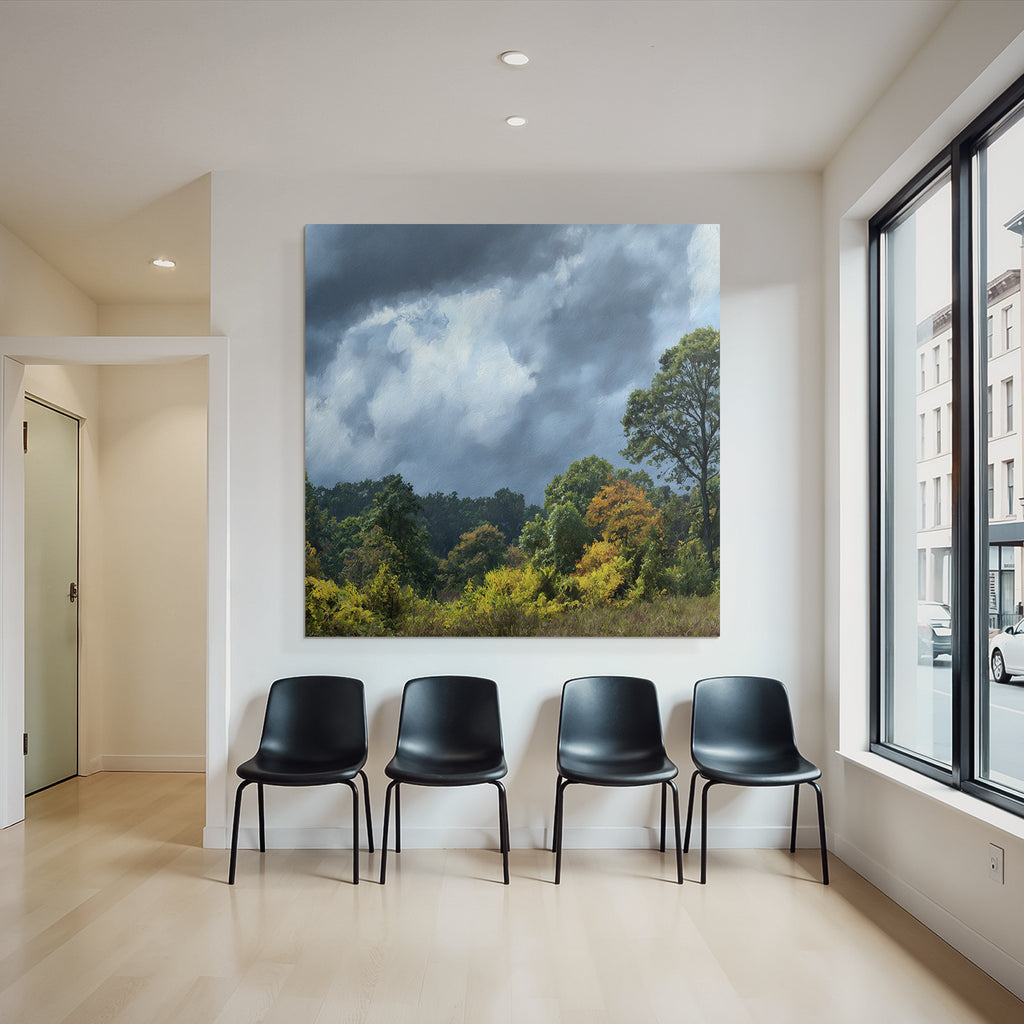 Herbstlandschaft Mit Bunten Bäumen Und Dramatischem Himmel