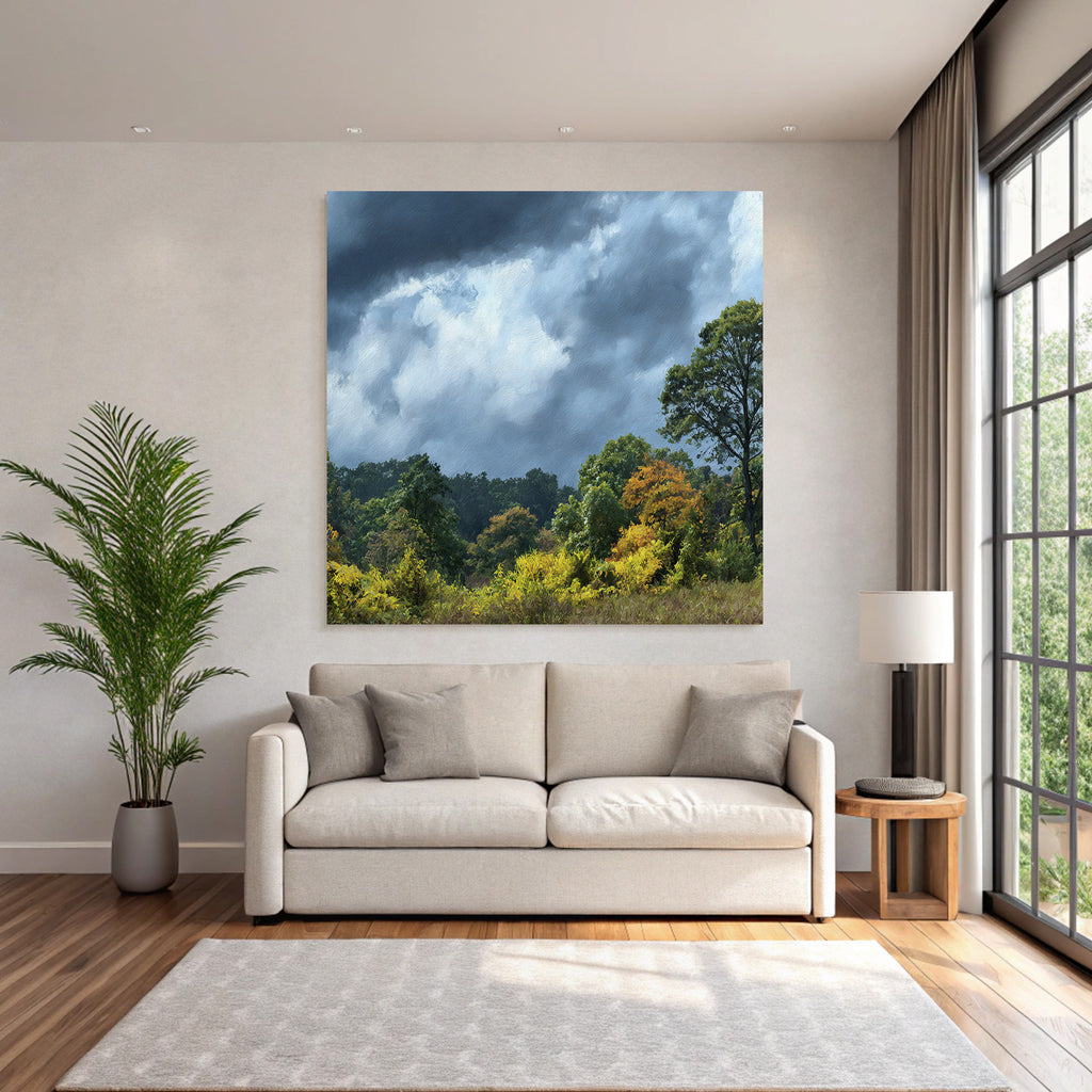 Herbstlandschaft Mit Bunten Bäumen Und Dramatischem Himmel