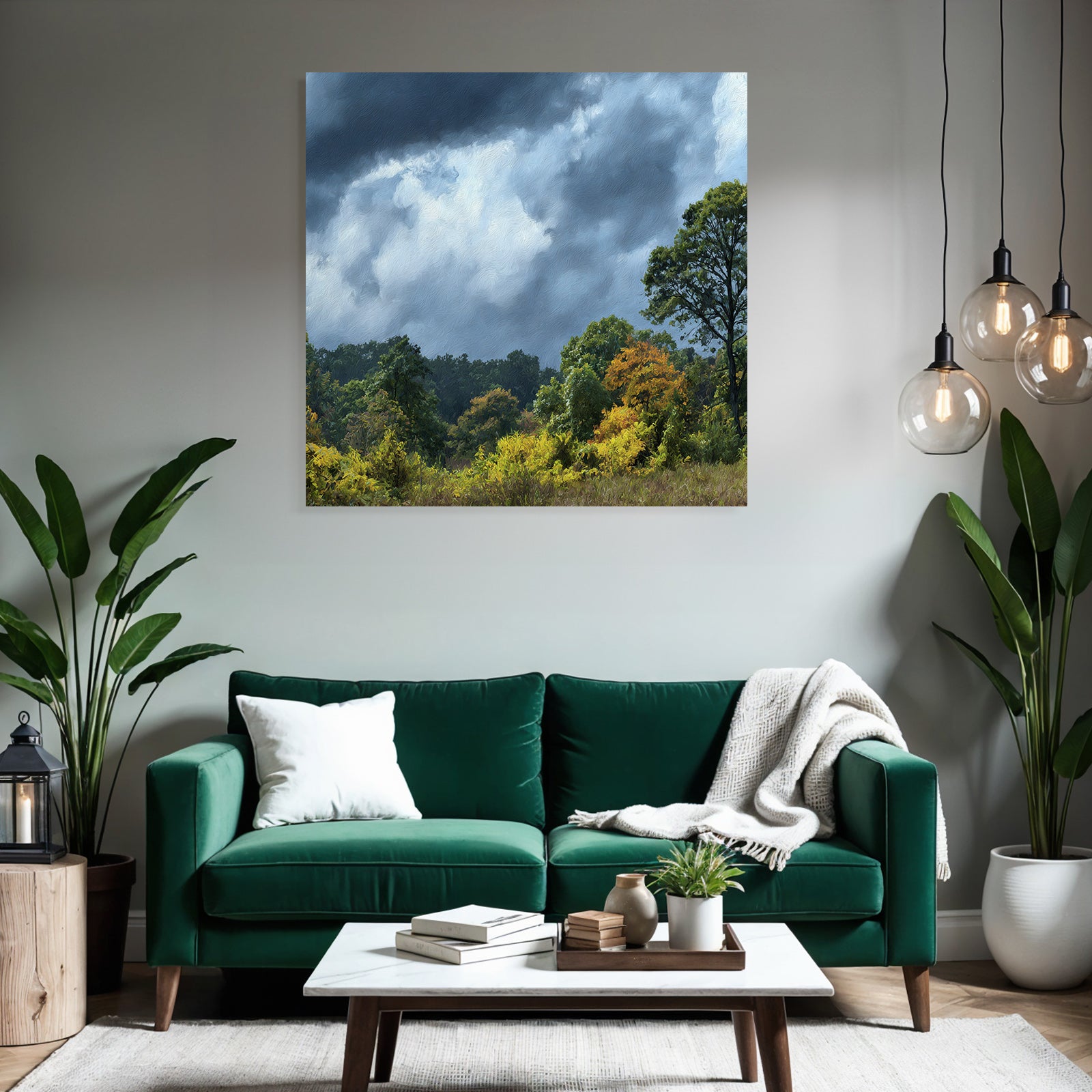 Herbstlandschaft Mit Bunten Bäumen Und Dramatischem Himmel