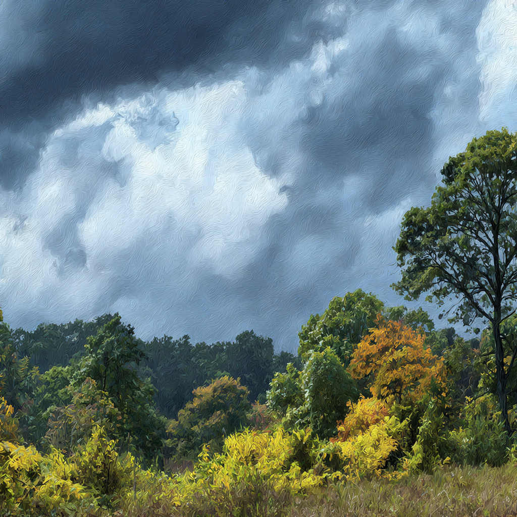 Herbstlandschaft Mit Bunten Bäumen Und Dramatischem Himmel | Himmel und Wolken | Natur