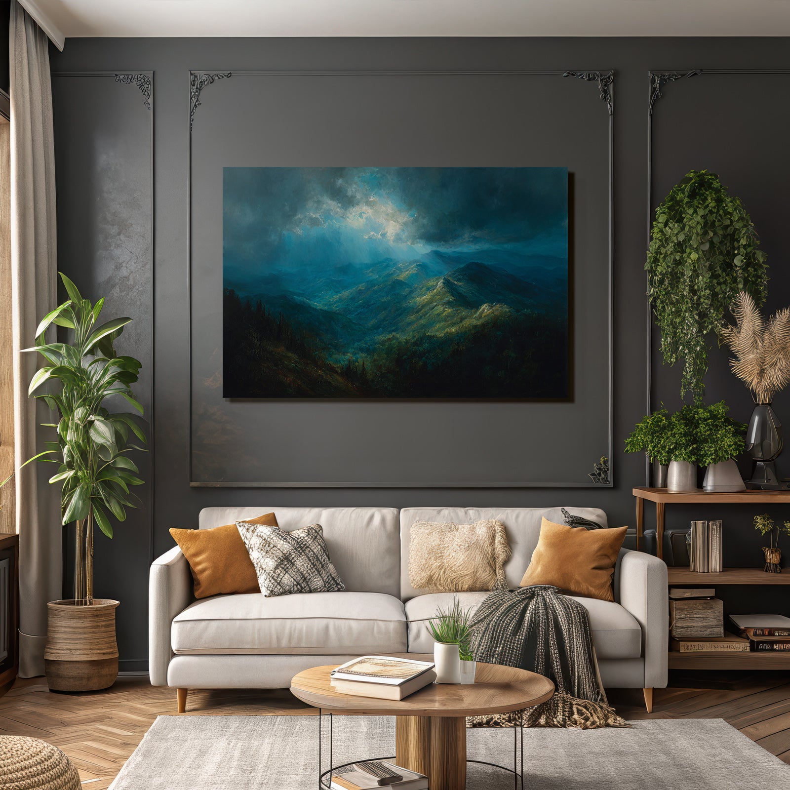 Berglandschaft Mit Dunklen Wolken Und Lichtstrahlen
