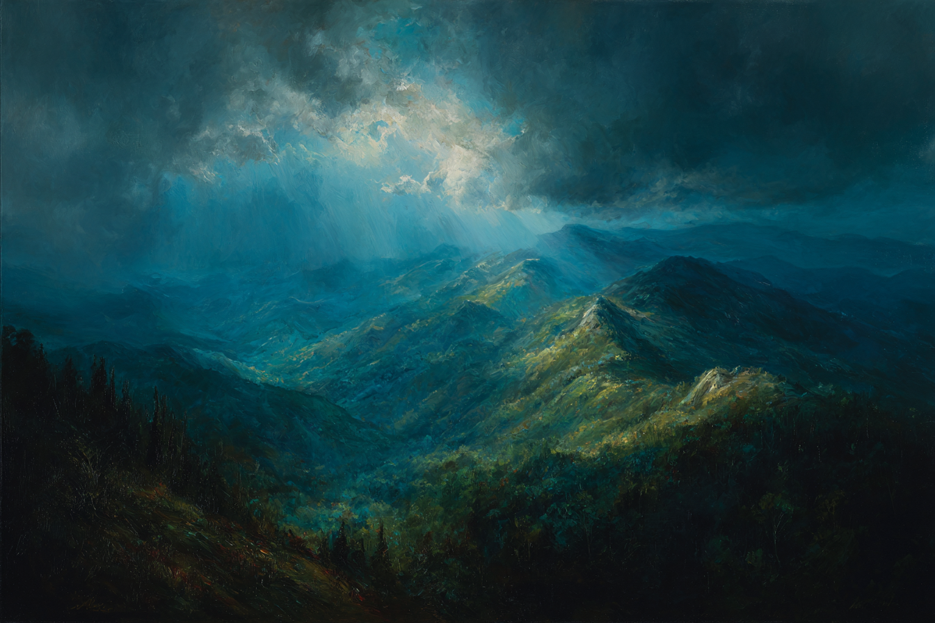 Berglandschaft Mit Dunklen Wolken Und Lichtstrahlen | Himmel und Wolken | Natur