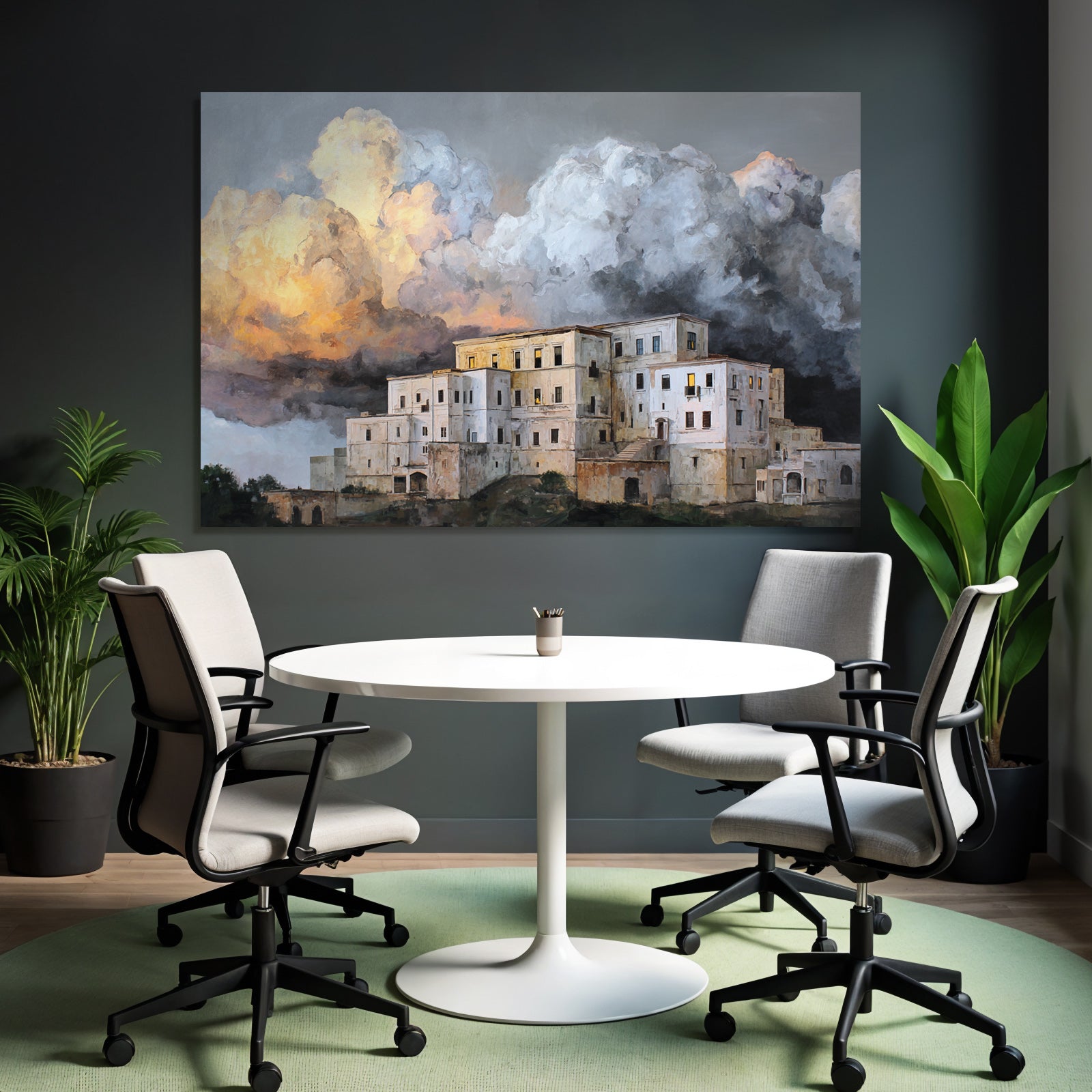Dramatische Landschaft Mit Weissem Gebäudekomplex Und Stürmischem Himmel