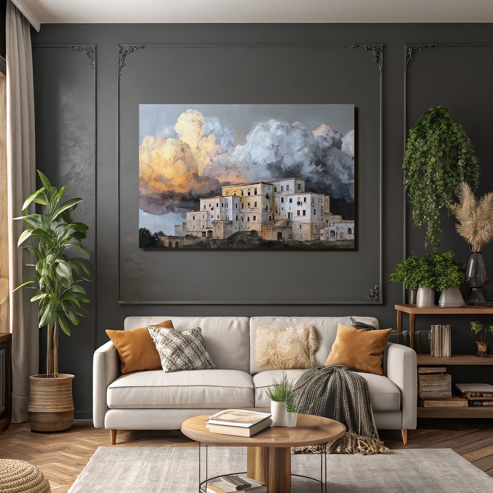 Dramatische Landschaft Mit Weissem Gebäudekomplex Und Stürmischem Himmel