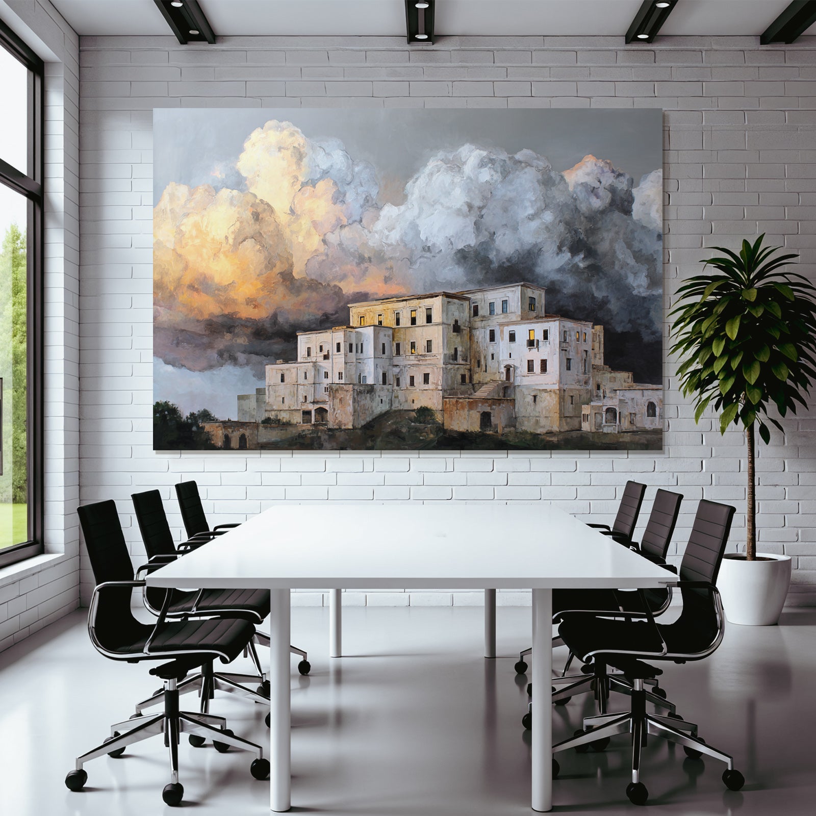 Dramatische Landschaft Mit Weissem Gebäudekomplex Und Stürmischem Himmel