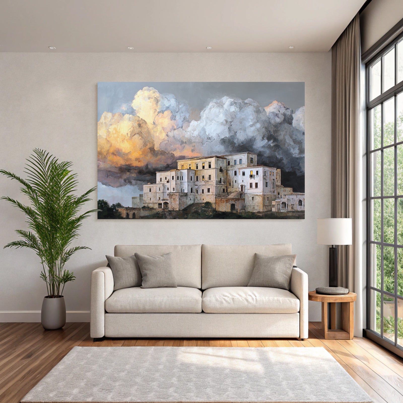 Dramatische Landschaft Mit Weissem Gebäudekomplex Und Stürmischem Himmel