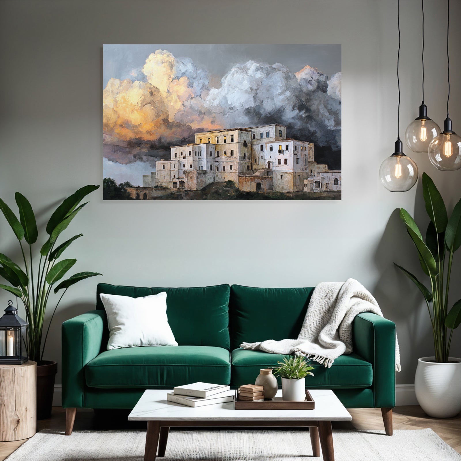 Dramatische Landschaft Mit Weissem Gebäudekomplex Und Stürmischem Himmel
