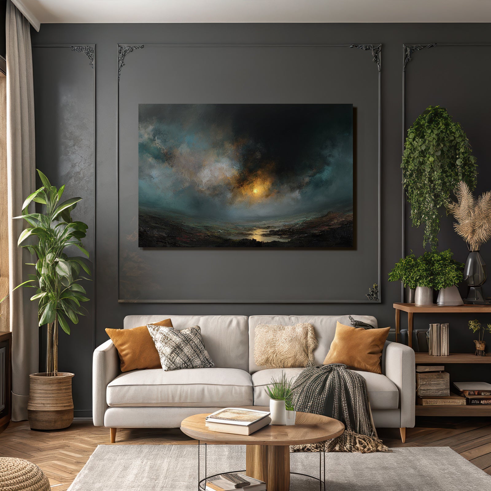 Dramatischer Dunkler Himmel Mit Leuchtsonne Und Reflexion Auf Dem See