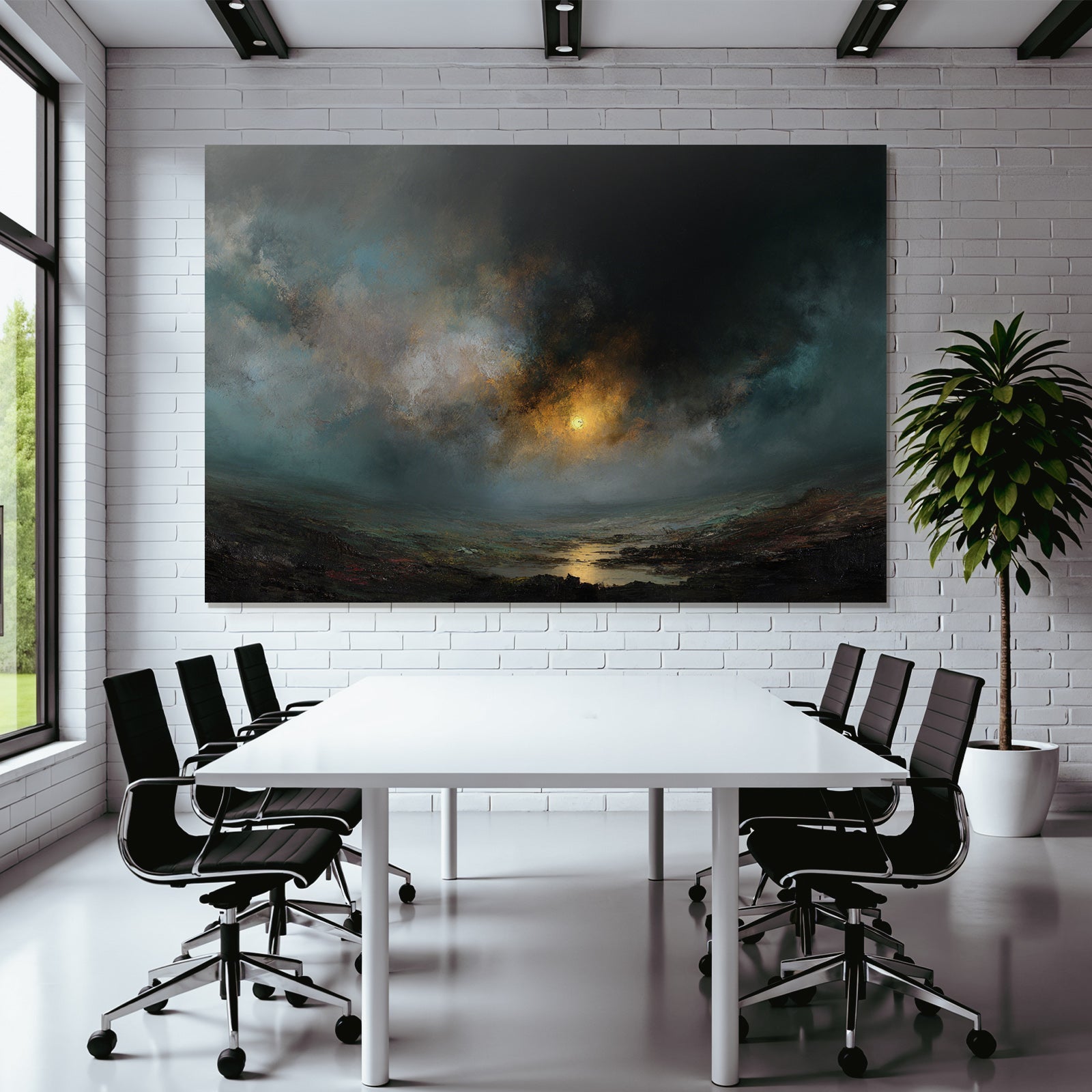 Dramatischer Dunkler Himmel Mit Leuchtsonne Und Reflexion Auf Dem See