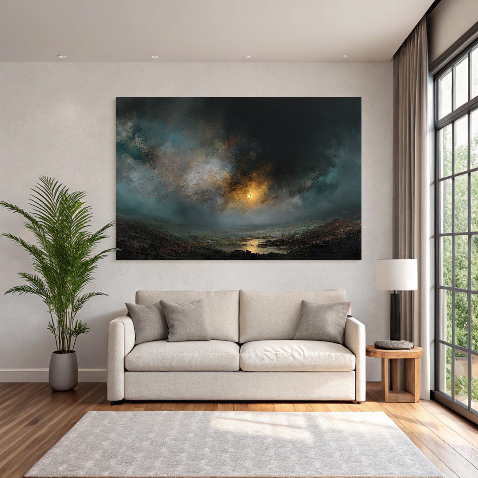 Dramatischer Dunkler Himmel Mit Leuchtsonne Und Reflexion Auf Dem See