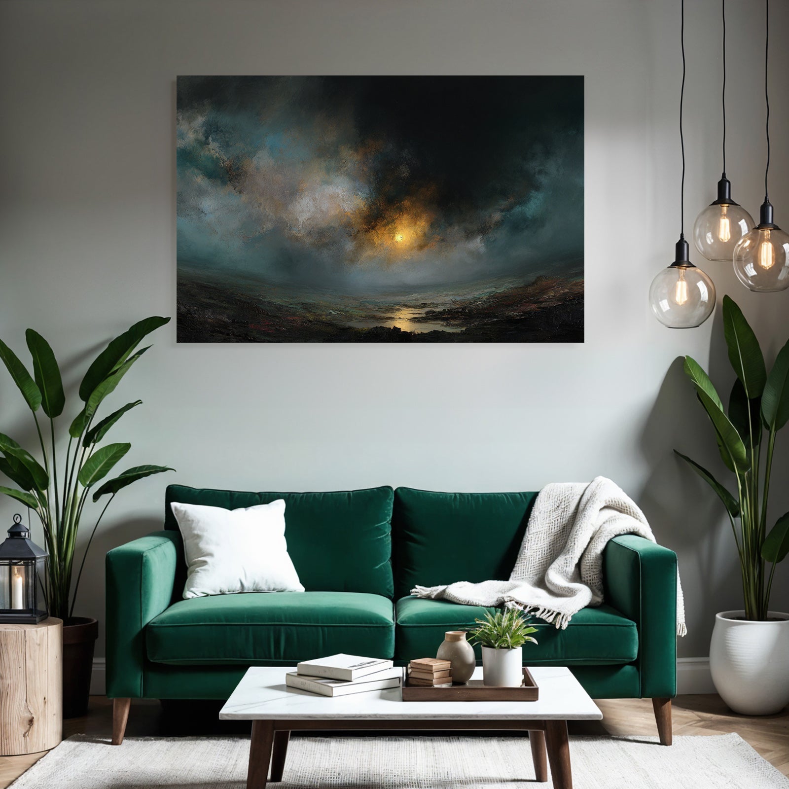 Dramatischer Dunkler Himmel Mit Leuchtsonne Und Reflexion Auf Dem See