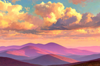 Impressionistische Hügellandschaft Beim Sonnenuntergang | Himmel und Wolken | Natur