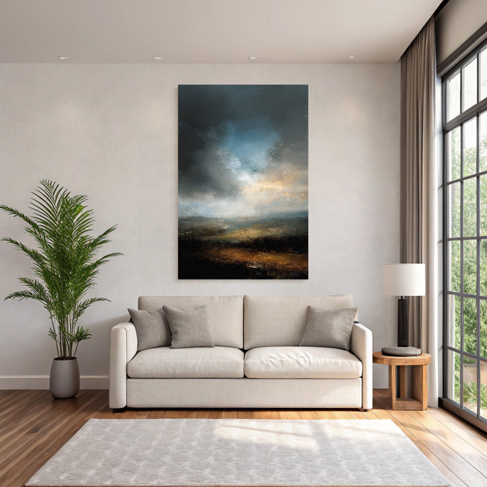 Atmosphärische Abstrakte Landschaft Mit Wolkenverhangenem Himmel Und Erdfarbenen Tönen