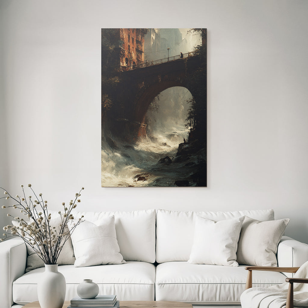 Bridge over wild current with ruined city and gloomy atmosphere