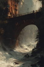 Brücke Über Wilde Strömung Mit Verfallener Stadt Und Düsterer Atmosphäre | Nahaufnahmen | Natur