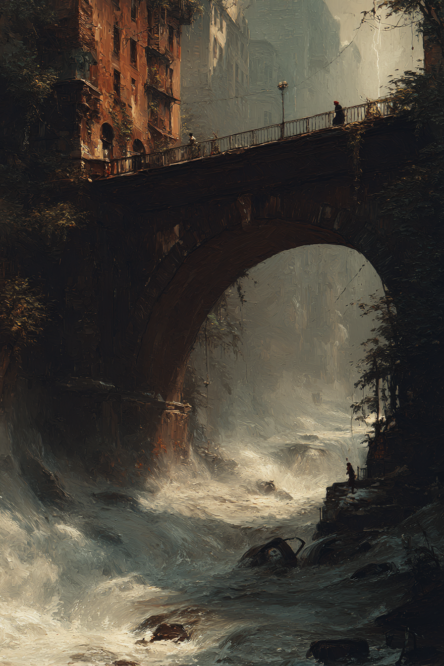 Brücke Über Wilde Strömung Mit Verfallener Stadt Und Düsterer Atmosphäre | Nahaufnahmen | Natur
