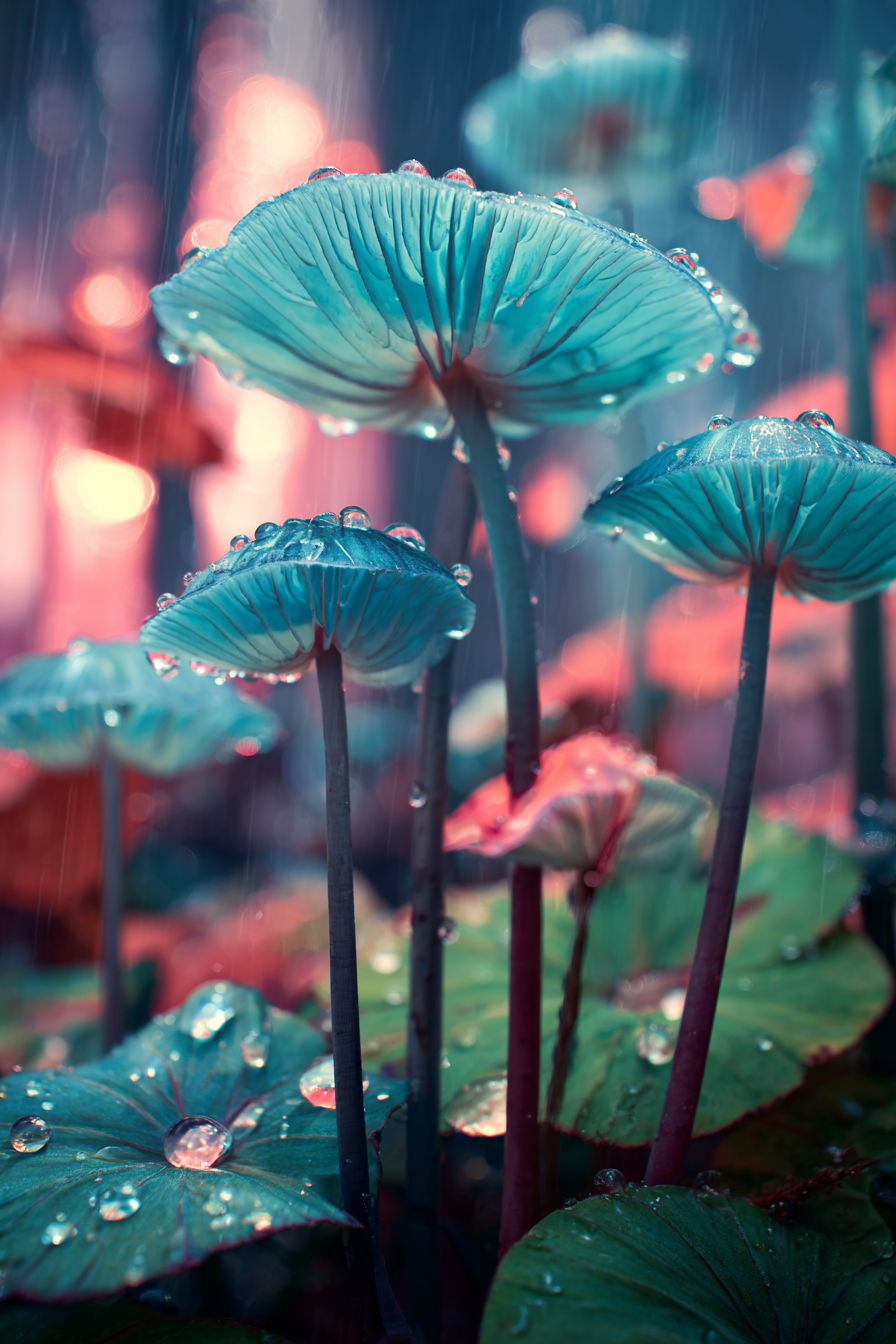 Bunte Turkisblaü Und Pinke Pilze Mit Tautropfen Im Nebelwald | Nahaufnahmen | Natur