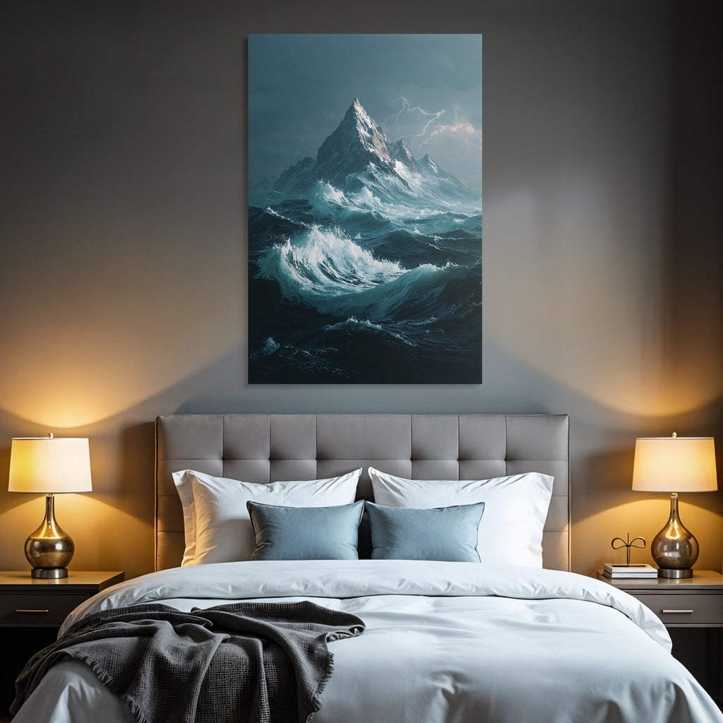Dramatische Meereslandschaft Mit Hohem Berg Und Turbulenten Sturmwellen Und Blitzen