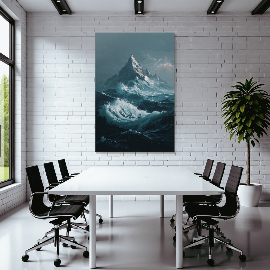 Dramatische Meereslandschaft Mit Hohem Berg Und Turbulenten Sturmwellen Und Blitzen