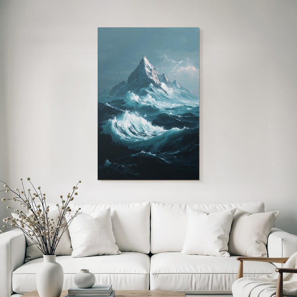 Dramatische Meereslandschaft Mit Hohem Berg Und Turbulenten Sturmwellen Und Blitzen