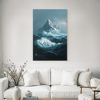 Dramatische Meereslandschaft Mit Hohem Berg Und Turbulenten Sturmwellen Und Blitzen