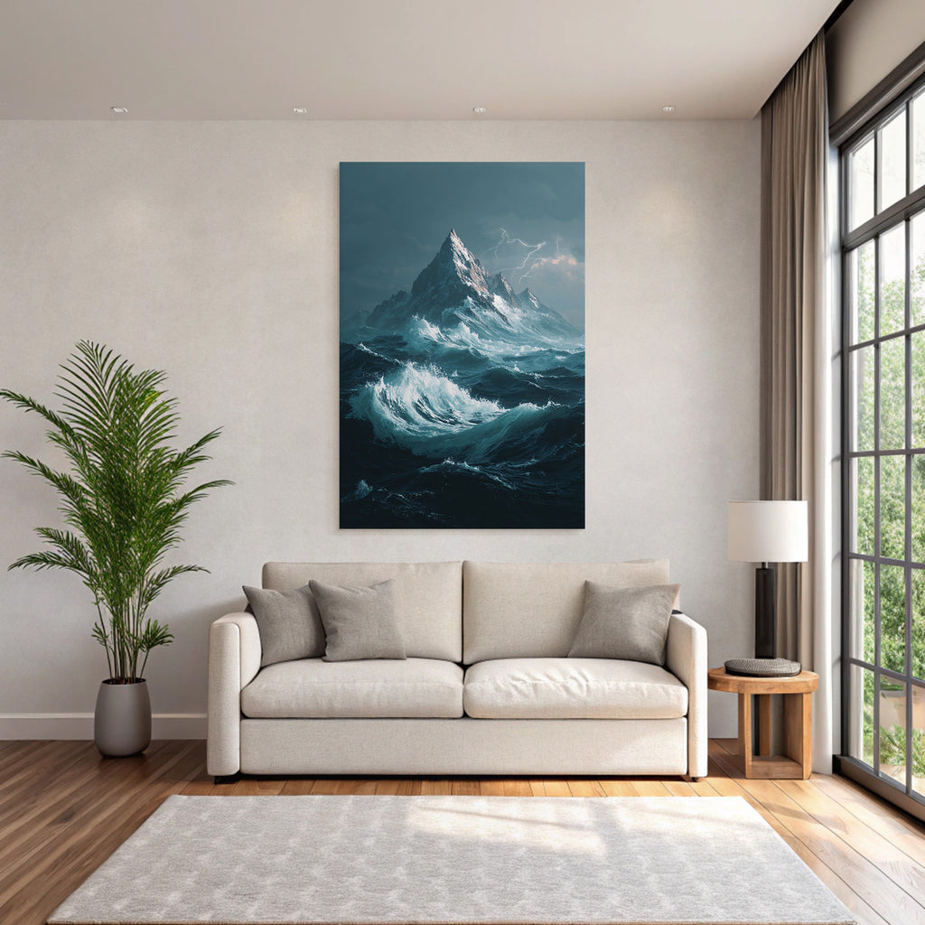 Dramatische Meereslandschaft Mit Hohem Berg Und Turbulenten Sturmwellen Und Blitzen