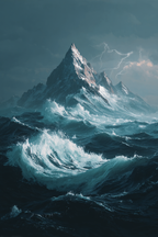 Dramatische Meereslandschaft Mit Hohem Berg Und Turbulenten Sturmwellen Und Blitzen | Nahaufnahmen | Natur