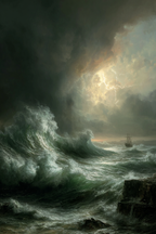 Dramatische Meereslandschaft Mit Türmenden Wellen Und Schiff Im Sturm | Nahaufnahmen | Natur