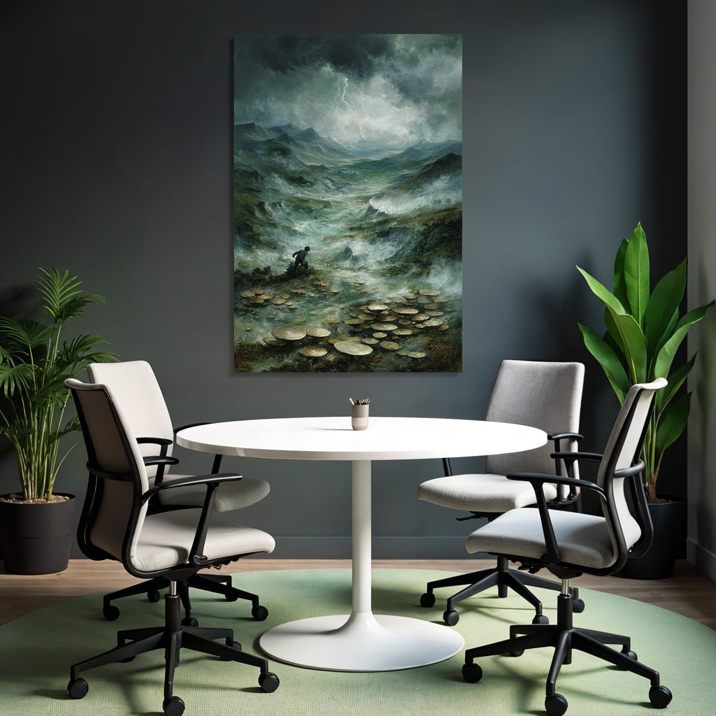 Entdecker In Surrealer Pilzlandschaft Unter Sturmwolken