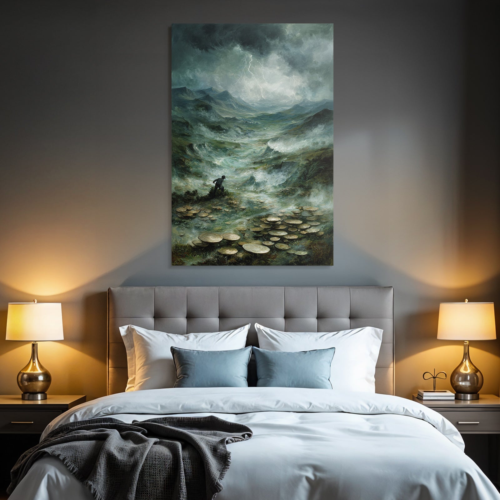 Entdecker In Surrealer Pilzlandschaft Unter Sturmwolken