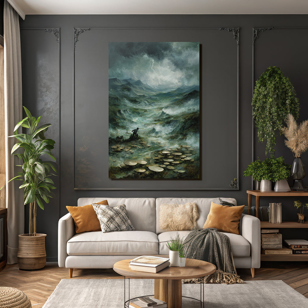Entdecker In Surrealer Pilzlandschaft Unter Sturmwolken