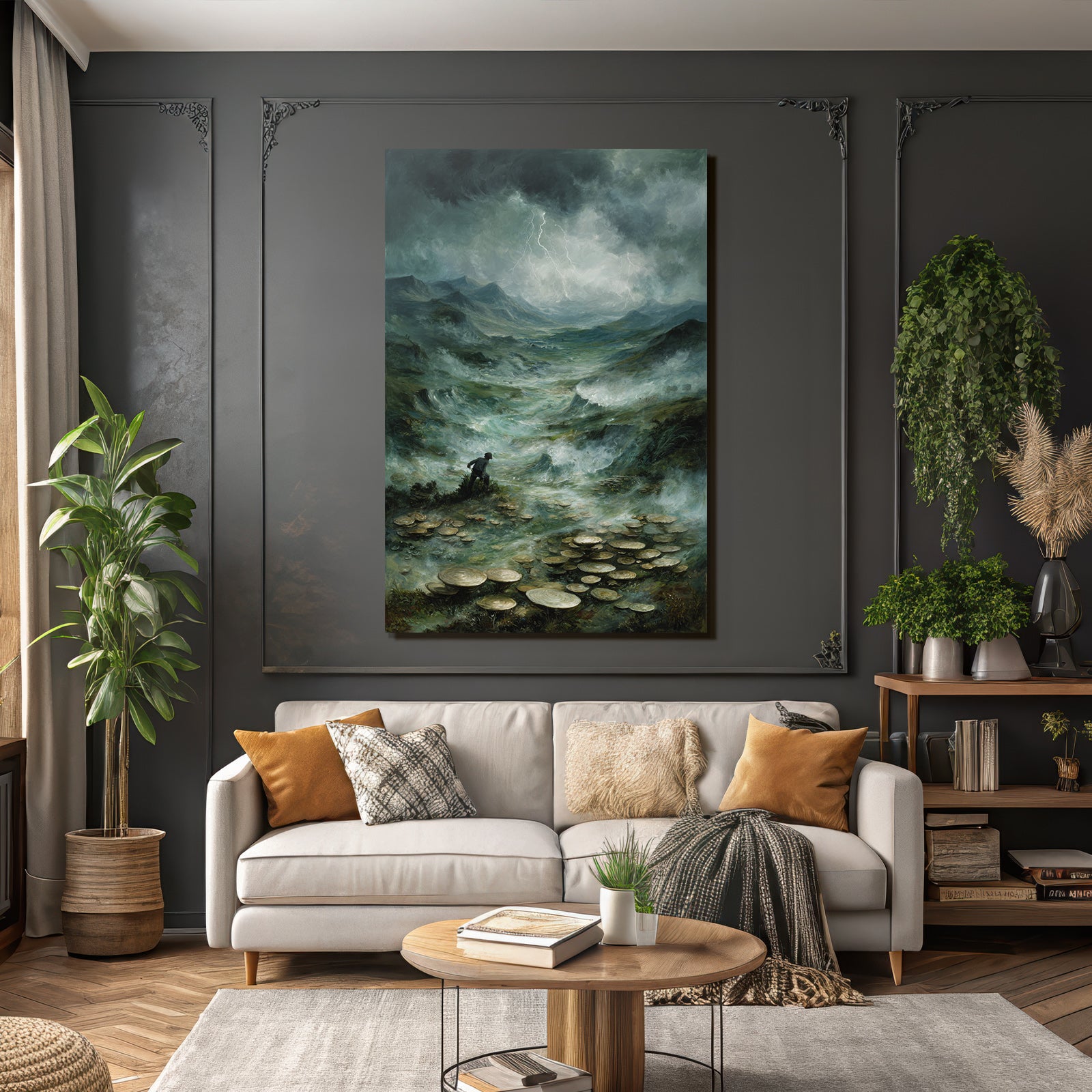 Entdecker In Surrealer Pilzlandschaft Unter Sturmwolken