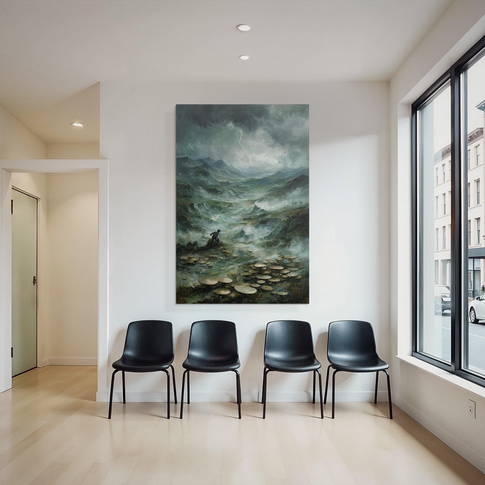 Entdecker In Surrealer Pilzlandschaft Unter Sturmwolken