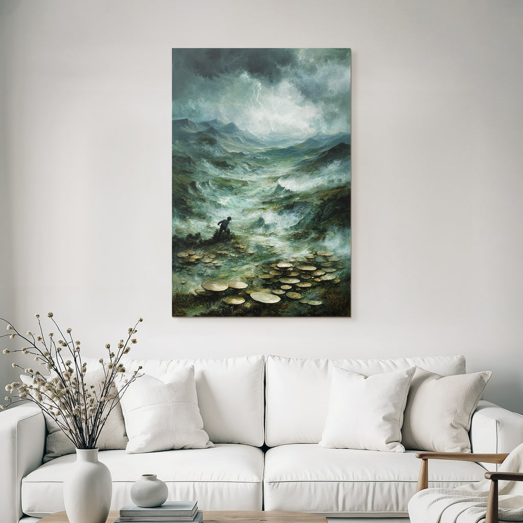 Entdecker In Surrealer Pilzlandschaft Unter Sturmwolken
