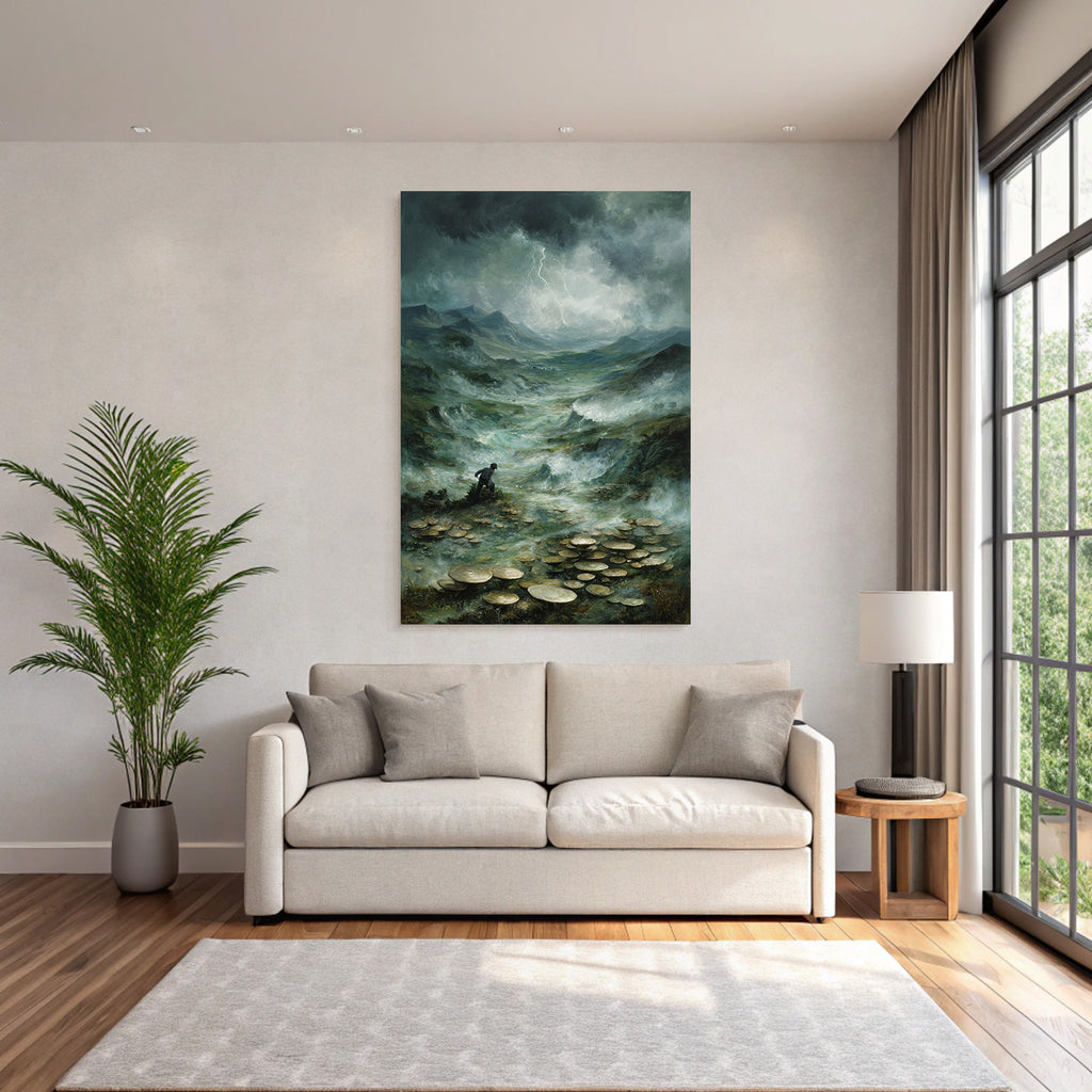 Entdecker In Surrealer Pilzlandschaft Unter Sturmwolken