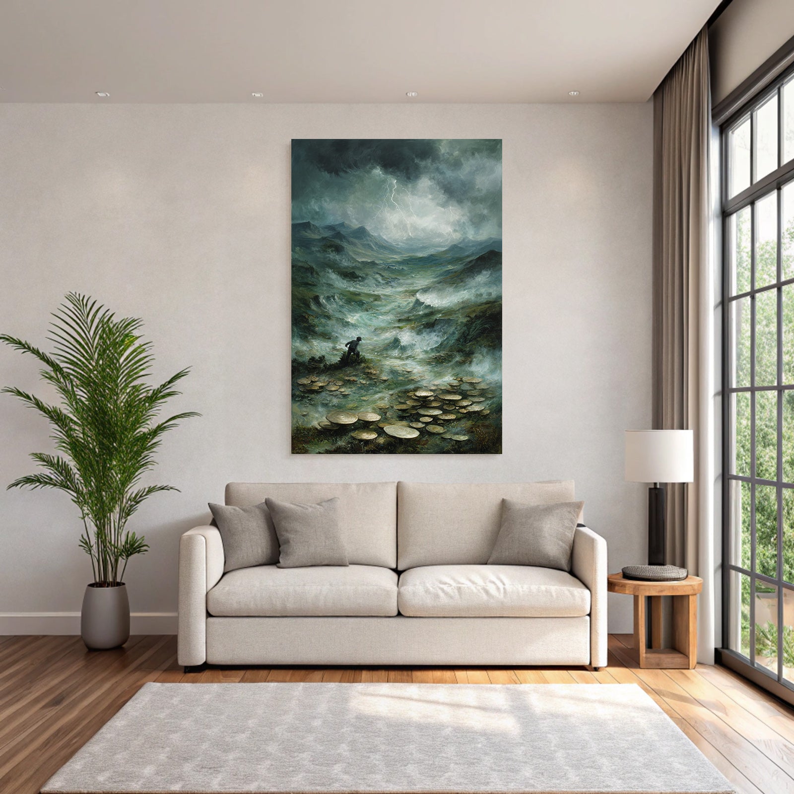 Entdecker In Surrealer Pilzlandschaft Unter Sturmwolken