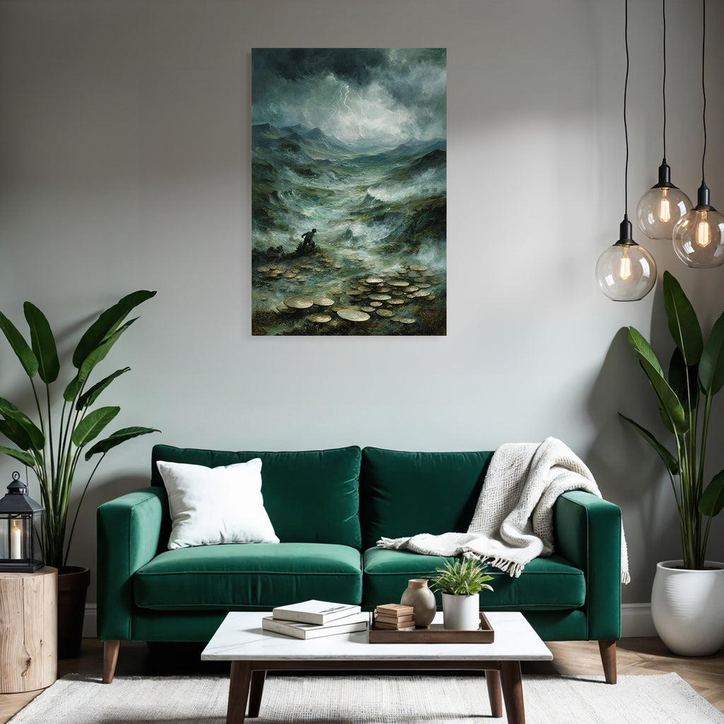 Entdecker In Surrealer Pilzlandschaft Unter Sturmwolken