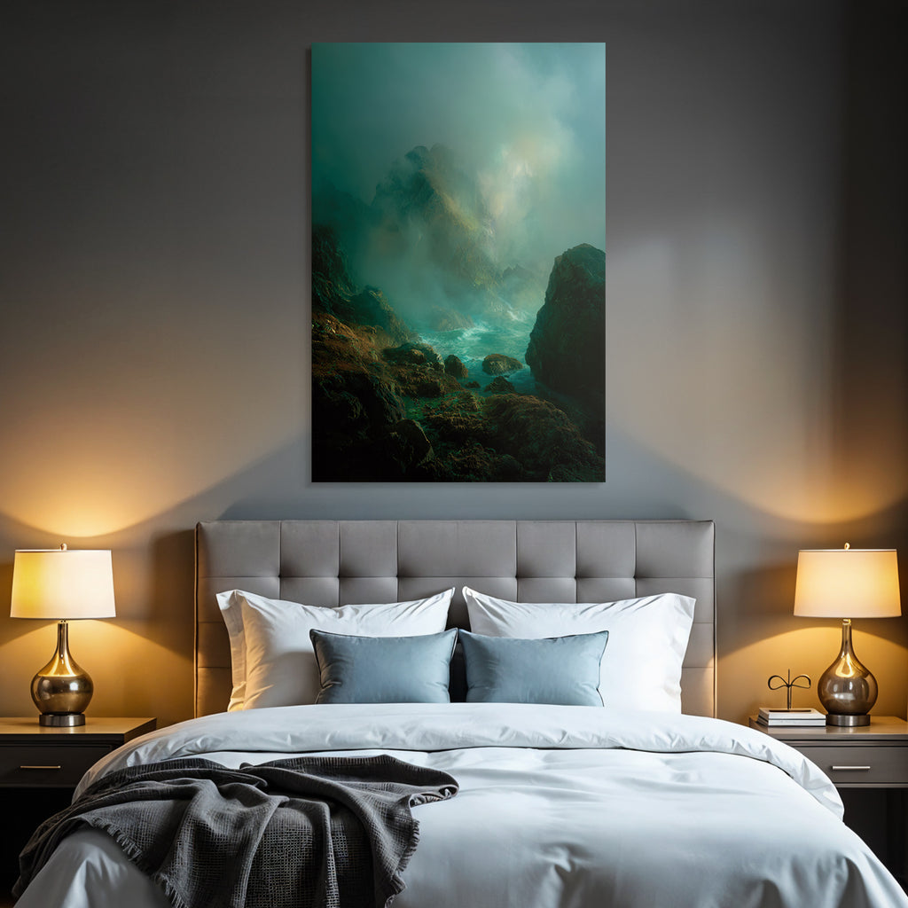 Mystische Küste Mit Nebeligen Klippen Und Sturmischem Meer