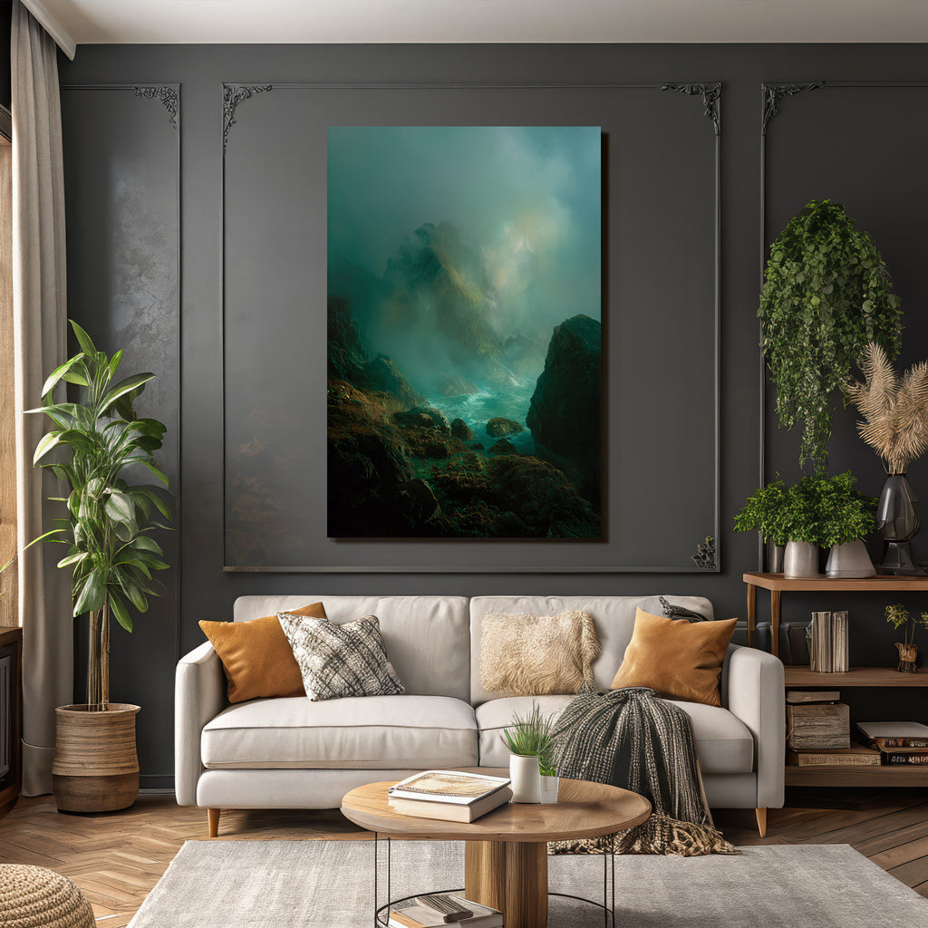 Mystische Küste Mit Nebeligen Klippen Und Sturmischem Meer