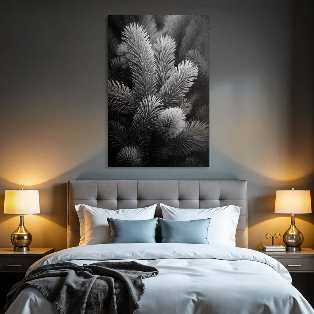 Black and white photo of pine branches