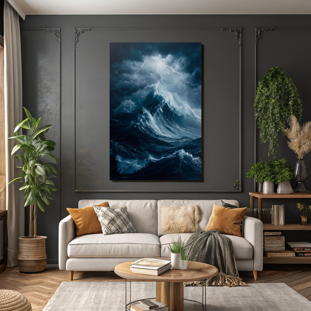 Sturmmeer Mit Tosenden Wellen Und Blitzschlag
