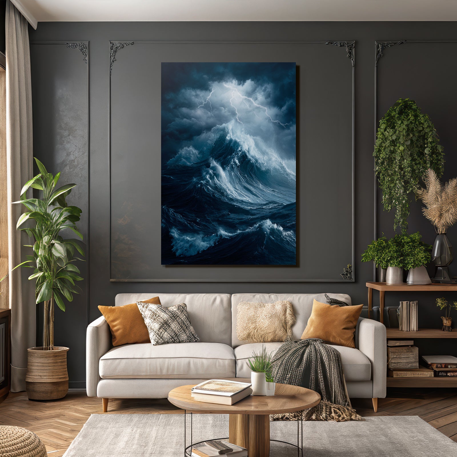 Sturmmeer Mit Tosenden Wellen Und Blitzschlag